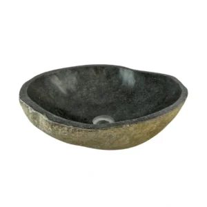 Handcrafted river stone sink with polished interior and natural exterior finish, unique organic stone wash basin.