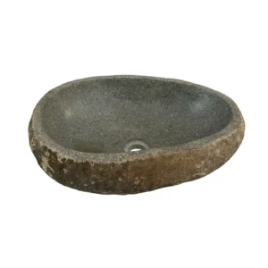 Handcrafted river stone sink with polished interior and natural exterior finish, unique organic stone wash basin.