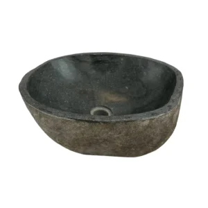 Handcrafted river stone sink with polished interior and natural exterior finish, unique organic stone wash basin.
