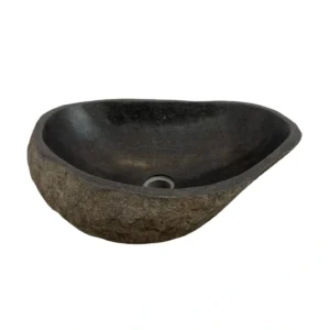 Handcrafted river stone sink with polished interior and natural exterior finish, unique organic stone wash basin.