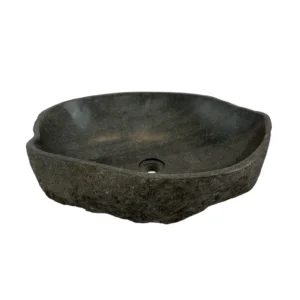 Handcrafted river stone sink with polished interior and natural exterior finish, unique organic stone wash basin.