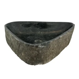 Handcrafted river stone sink with polished interior and natural exterior finish, unique organic stone wash basin.