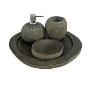 Handcrafted riverstone bathroom accessories set with soap dispenser, toothbrush holder, soap dish and tray
