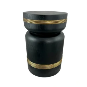 black teak wood accent stool with gold-tone metal bands