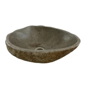 Handcrafted river stone sink with polished interior and natural exterior finish, unique organic stone wash basin.
