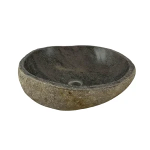 Handcrafted river stone sink with polished interior and natural exterior finish, unique organic stone wash basin.