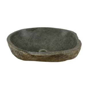 Handcrafted river stone sink with polished interior and natural exterior finish, unique organic stone wash basin.