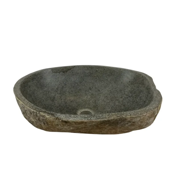 Handcrafted river stone sink with polished interior and natural exterior finish, unique organic stone wash basin.
