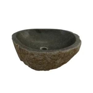 Handcrafted river stone sink with polished interior and natural exterior finish, unique organic stone wash basin.