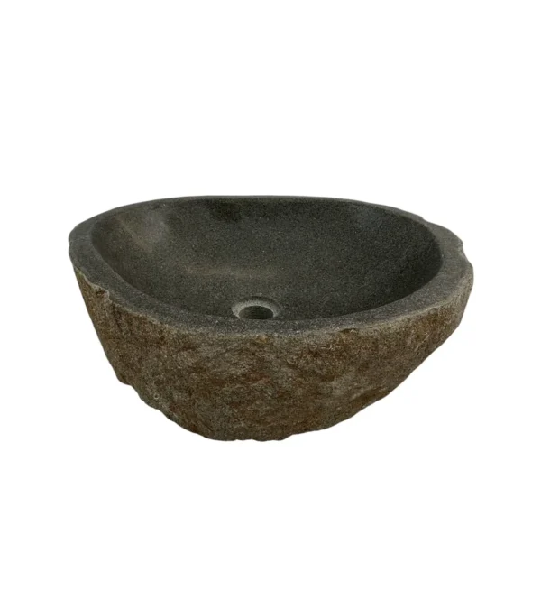Handcrafted river stone sink with polished interior and natural exterior finish, unique organic stone wash basin.