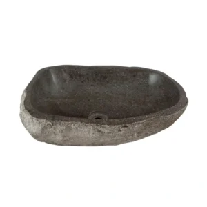 Handcrafted river stone sink with polished interior and natural exterior finish, unique organic stone wash basin.