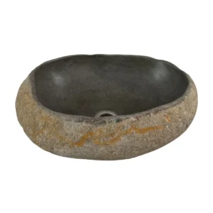 Handcrafted river stone sink with polished interior and natural exterior finish, unique organic stone wash basin.