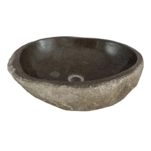 Handcrafted river stone sink with polished interior and natural exterior finish, unique organic stone wash basin.