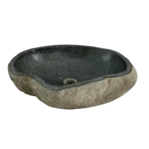 Handcrafted river stone sink with polished interior and natural exterior finish, unique organic stone wash basin.