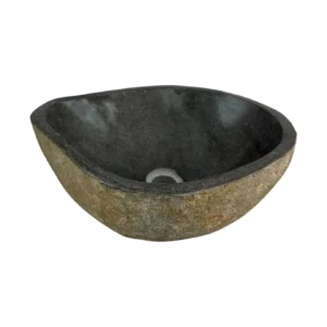 Handcrafted river stone sink with polished interior and natural exterior finish, unique organic stone wash basin.