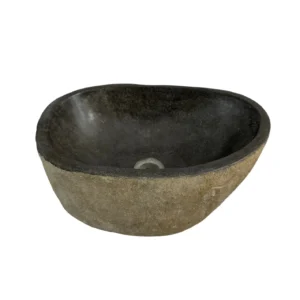 Handcrafted river stone sink with polished interior and natural exterior finish, unique organic stone wash basin.