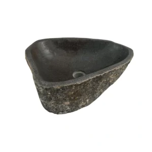 Handcrafted river stone sink with polished interior and natural exterior finish, unique organic stone wash basin.