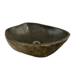 Handcrafted river stone sink with polished interior and natural exterior finish, unique organic stone wash basin.