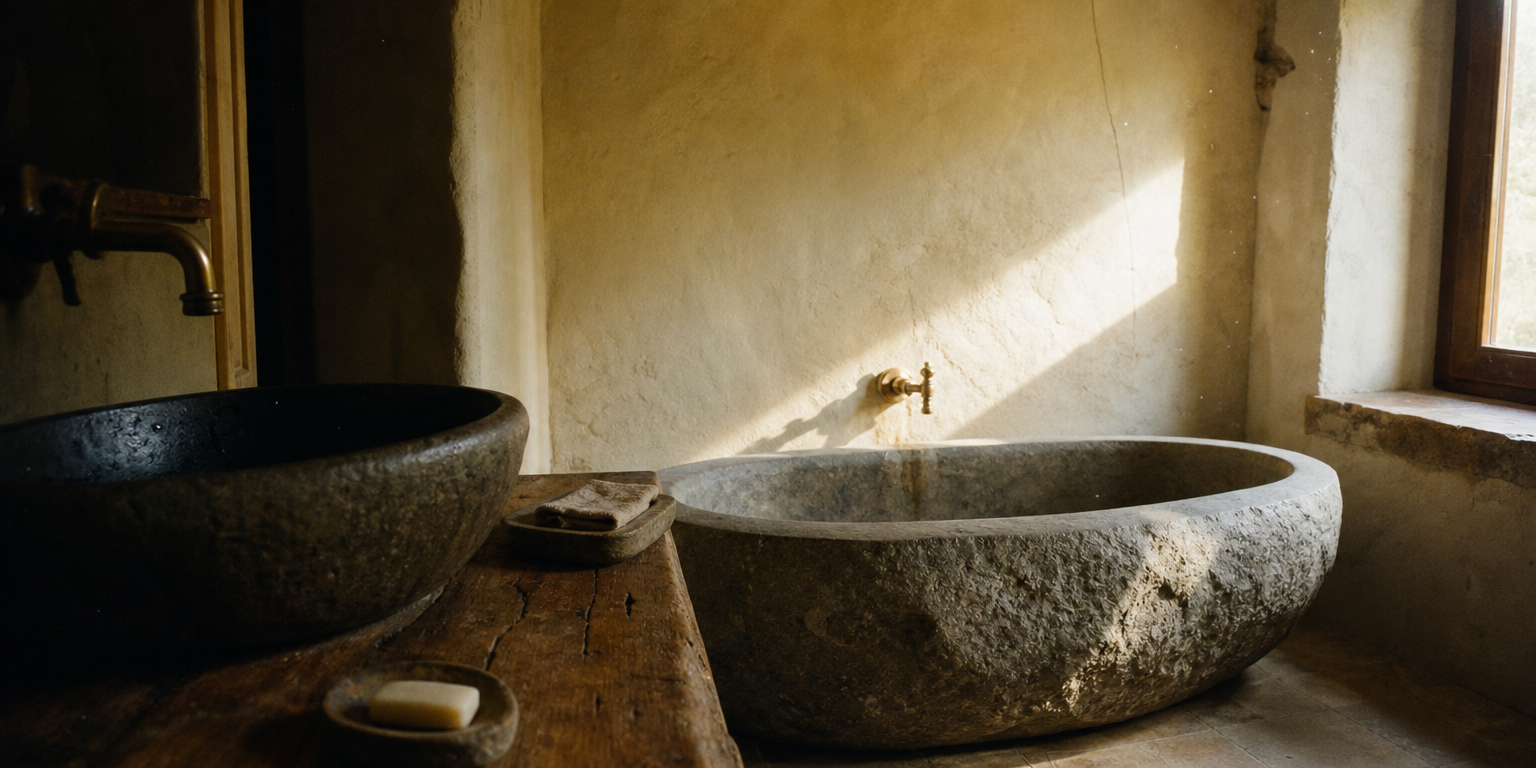Stone bathtub and basin in afternoon light