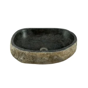 Handcrafted river stone sink with polished interior and natural exterior finish, unique organic stone wash basin.