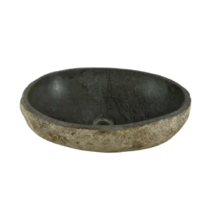 Handcrafted river stone sink with polished interior and natural exterior finish, unique organic stone wash basin.