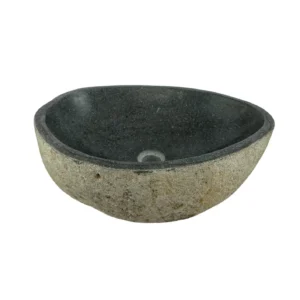 Handcrafted river stone sink with polished interior and natural exterior finish, unique organic stone wash basin.