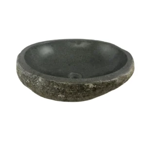 Handcrafted river stone sink with polished interior and natural exterior finish, unique organic stone wash basin.