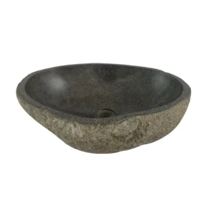 Handcrafted river stone sink with polished interior and natural exterior finish, unique organic stone wash basin.