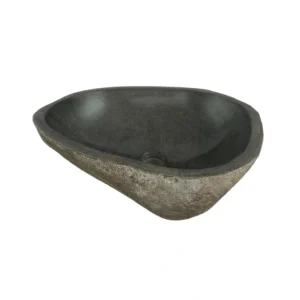 Handcrafted river stone sink with polished interior and natural exterior finish, unique organic stone wash basin.