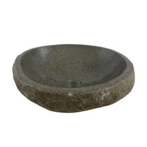 Handcrafted river stone sink with polished interior and natural exterior finish, unique organic stone wash basin.