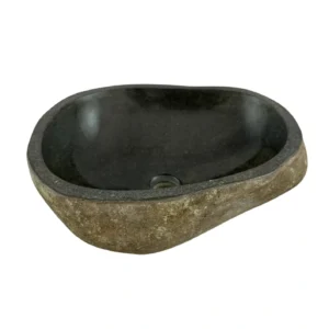 Handcrafted river stone sink with polished interior and natural exterior finish, unique organic stone wash basin.