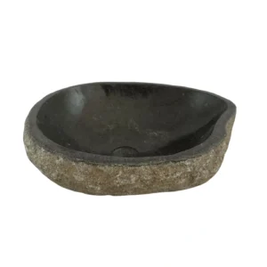 Handcrafted river stone sink with polished interior and natural exterior finish, unique organic stone wash basin.