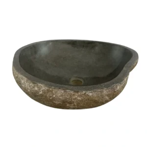 Handcrafted river stone sink with polished interior and natural exterior finish, unique organic stone wash basin.