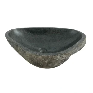 Handcrafted river stone sink with polished interior and natural exterior finish, unique organic stone wash basin.