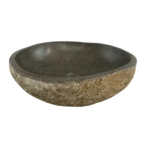 Handcrafted river stone sink with polished interior and natural exterior finish, unique organic stone wash basin.