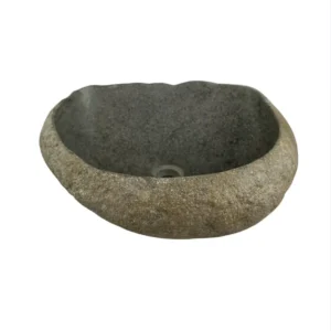 Handcrafted river stone sink with polished interior and natural exterior finish, unique organic stone wash basin.