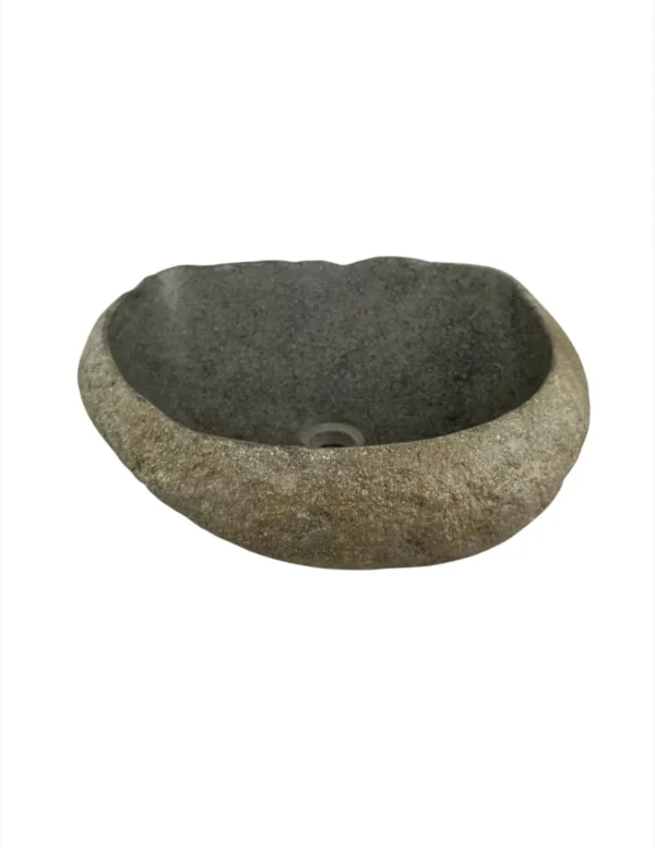 Handcrafted river stone sink with polished interior and natural exterior finish, unique organic stone wash basin.