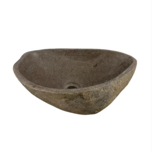 Handcrafted river stone sink with polished interior and natural exterior finish, unique organic stone wash basin.