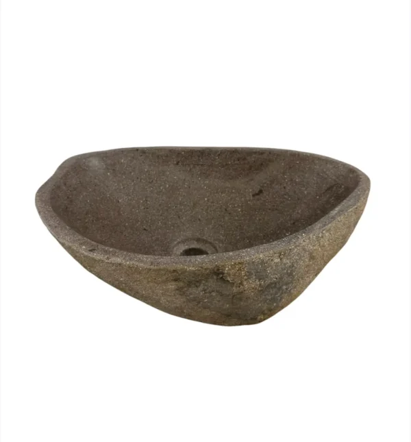 Handcrafted river stone sink with polished interior and natural exterior finish, unique organic stone wash basin.