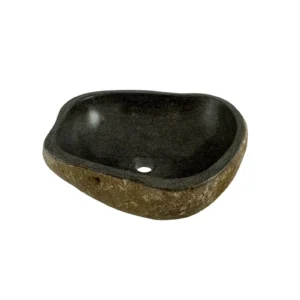 Handcrafted river stone sink with polished interior and natural exterior finish, unique organic stone wash basin.