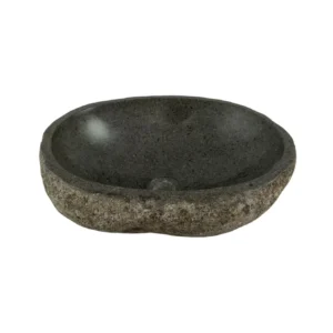 Handcrafted river stone sink with polished interior and natural exterior finish, unique organic stone wash basin.