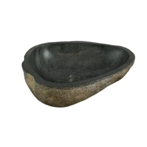 Handcrafted river stone sink with polished interior and natural exterior finish, unique organic stone wash basin.