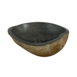 Handcrafted river stone sink with polished interior and natural exterior finish, unique organic stone wash basin.