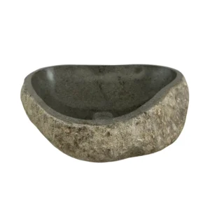 Handcrafted river stone sink with polished interior and natural exterior finish, unique organic stone wash basin.