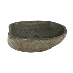 Handcrafted river stone sink with polished interior and natural exterior finish, unique organic stone wash basin.