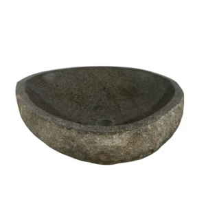 Handcrafted river stone sink with polished interior and natural exterior finish, unique organic stone wash basin.