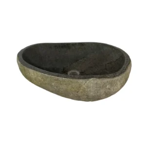 Handcrafted river stone sink with polished interior and natural exterior finish, unique organic stone wash basin.