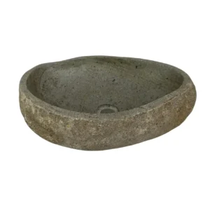 Handcrafted river stone sink with polished interior and natural exterior finish, unique organic stone wash basin.