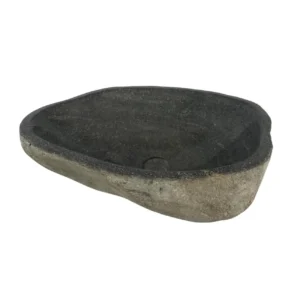 Handcrafted river stone sink with polished interior and natural exterior finish, unique organic stone wash basin.