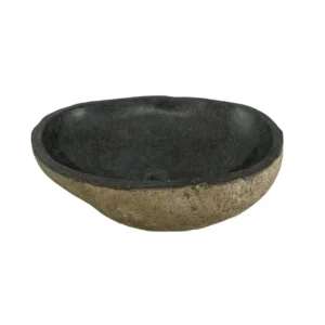 Handcrafted river stone sink with polished interior and natural exterior finish, unique organic stone wash basin.